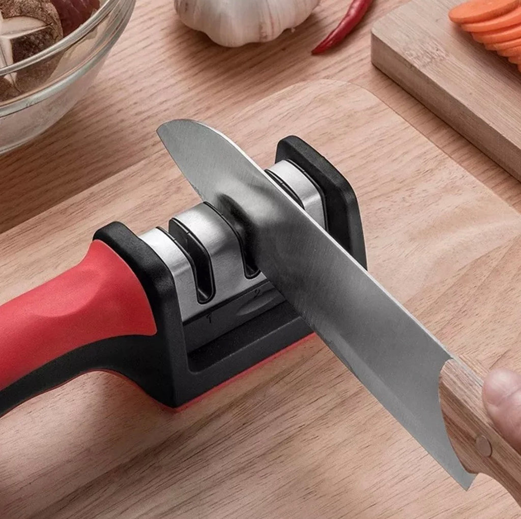 Manual Red & Black Knife Sharpener 3 Stage Sharpening Tool for Ceramic Knife and Steel Knives.