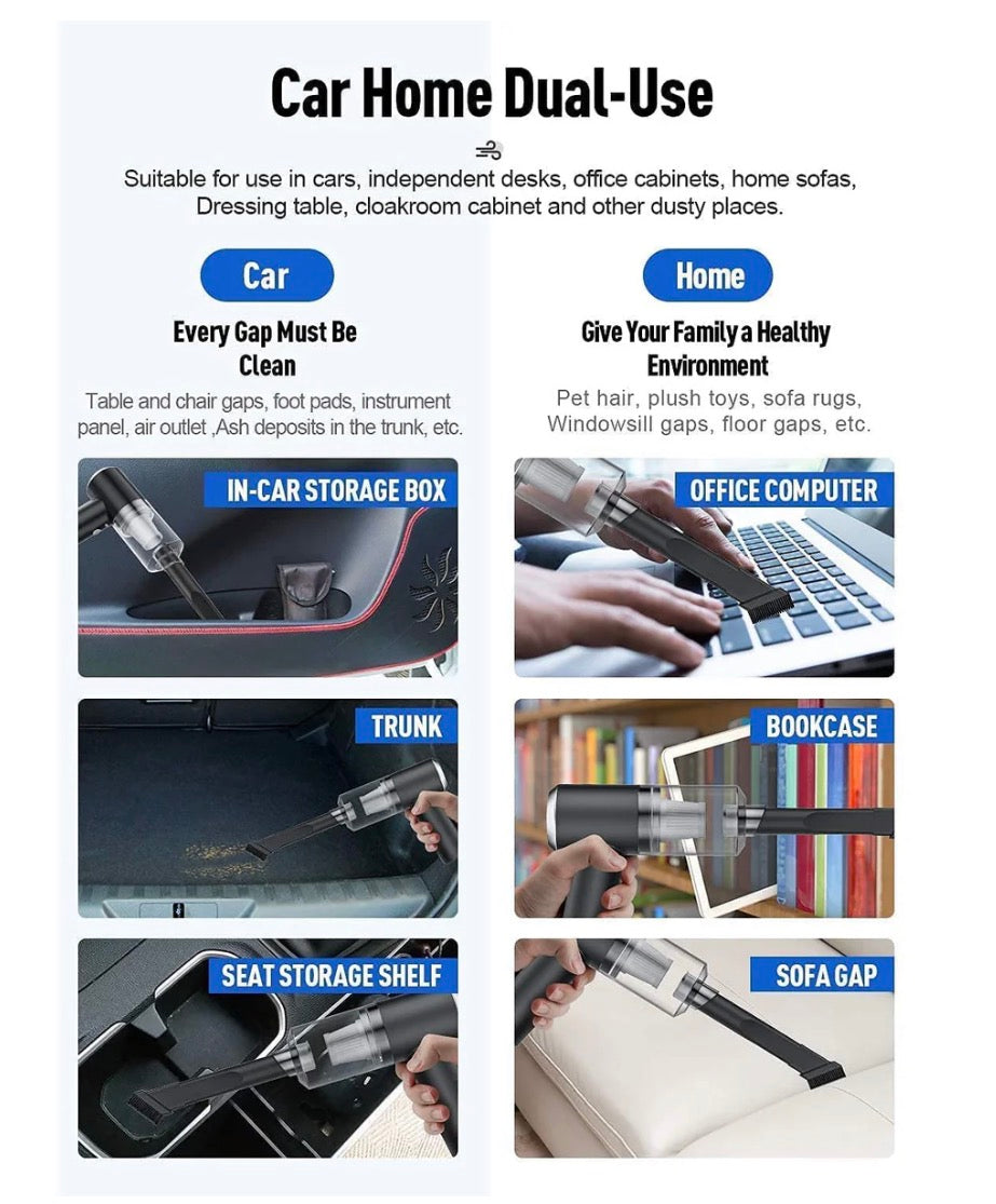 2 in 1 Wireless Vacuum Cleaner – 120W Handheld USB Rechargeable for Home & Car (1 Pc)