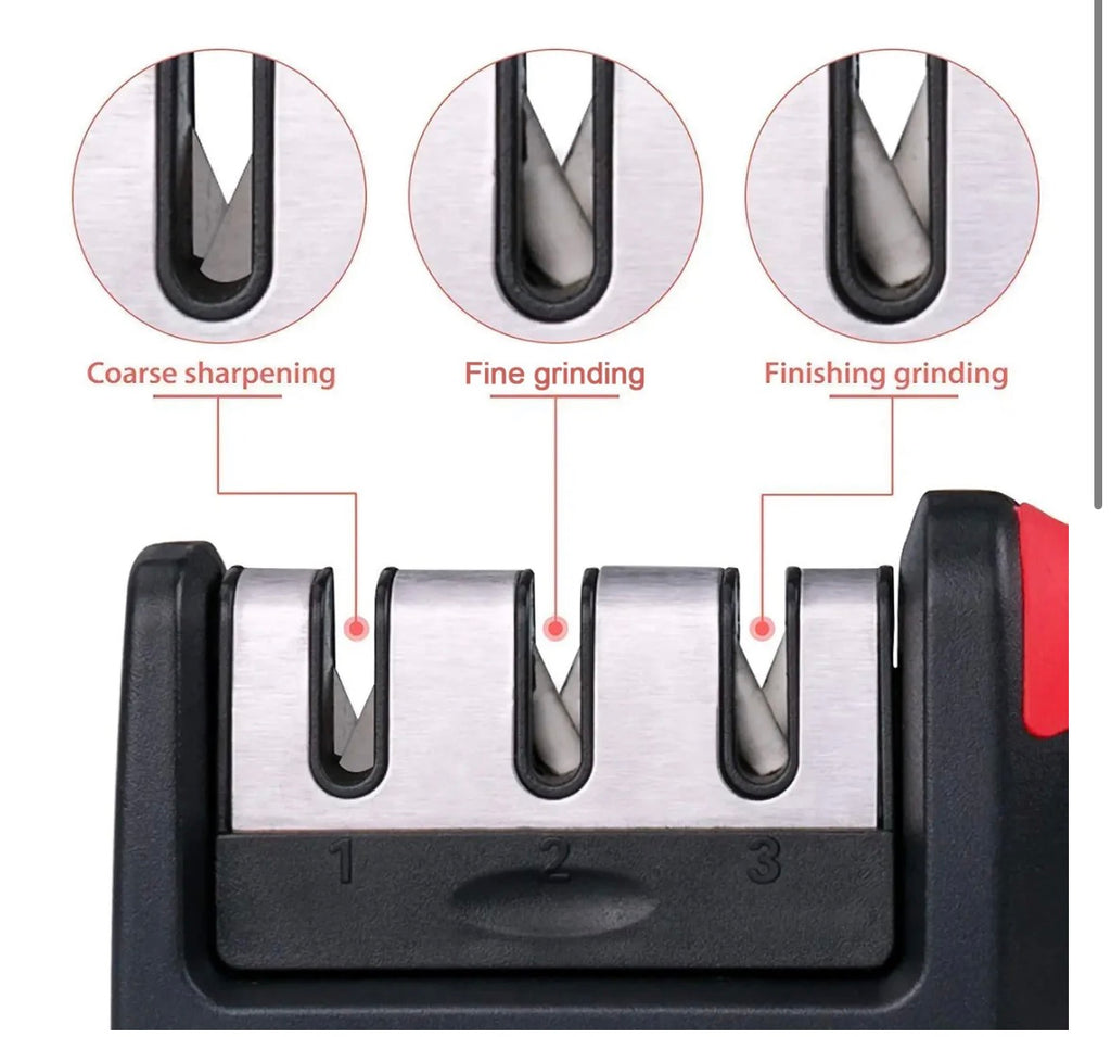 Manual Red & Black Knife Sharpener 3 Stage Sharpening Tool for Ceramic Knife and Steel Knives.