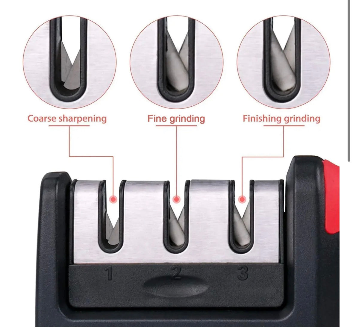Manual Red & Black Knife Sharpener 3 Stage Sharpening Tool for Ceramic Knife and Steel Knives.