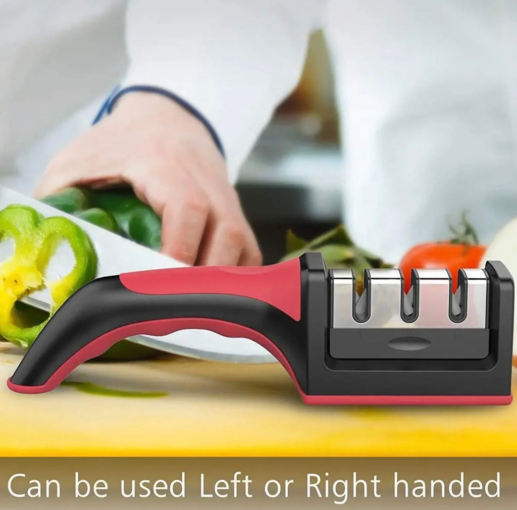 Manual Red & Black Knife Sharpener 3 Stage Sharpening Tool for Ceramic Knife and Steel Knives.