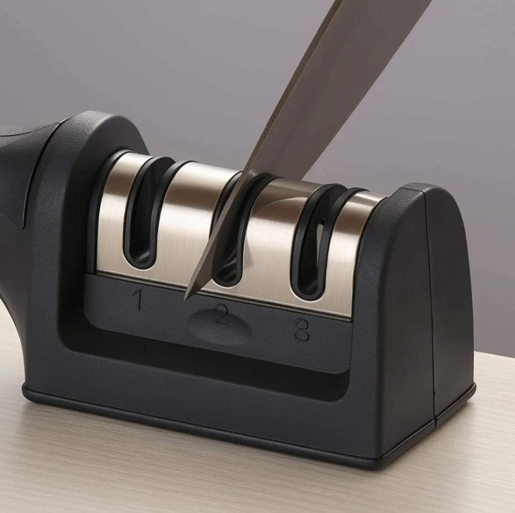 Manual Red & Black Knife Sharpener 3 Stage Sharpening Tool for Ceramic Knife and Steel Knives.